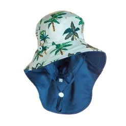 Chapeau Anti UV Bébé Réversible Bleu Et Imprimé Palmiers -Équipement De Surf chapeau anti uv bebe reversible bleu et imprime palmiers 1